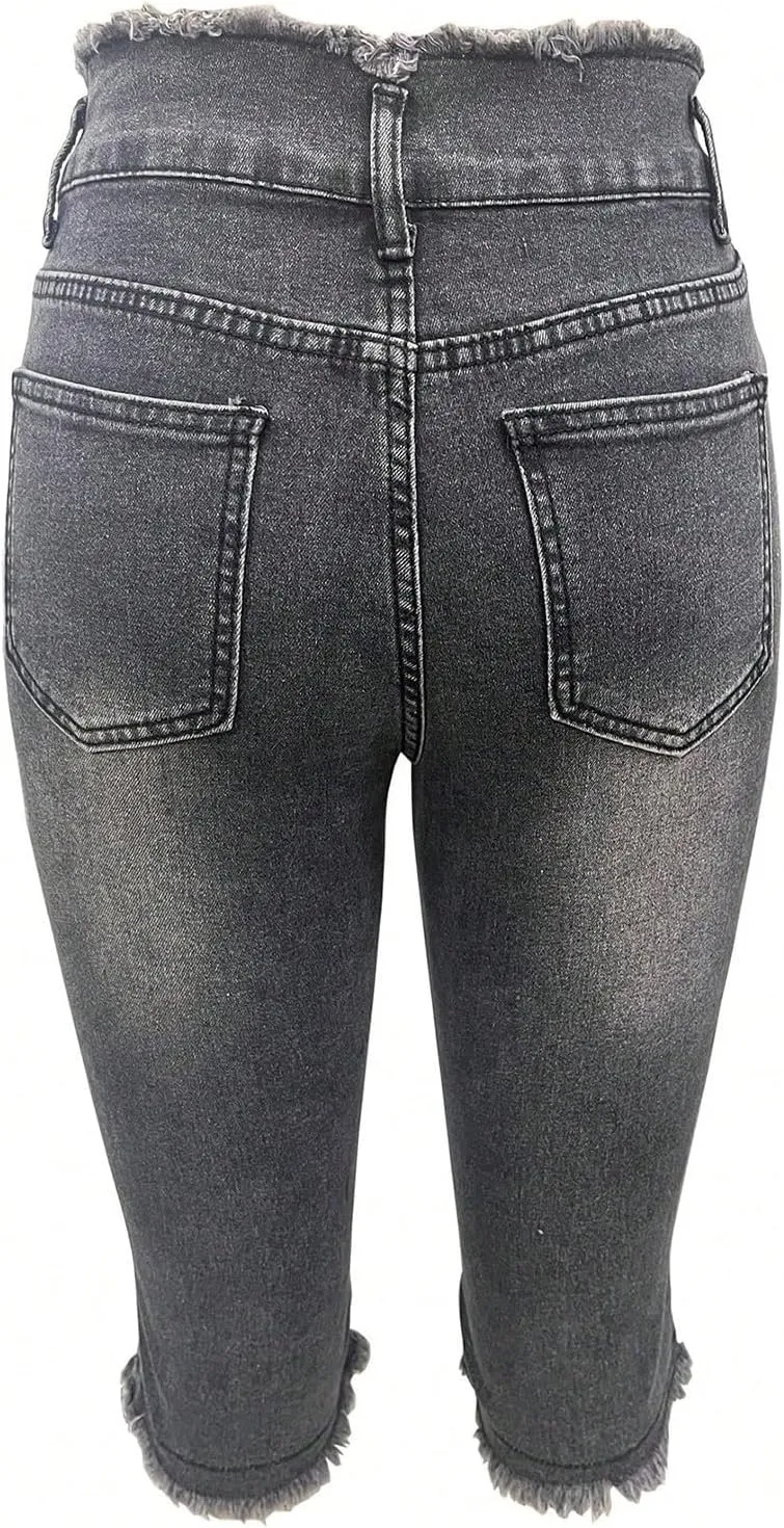 fanmpghleoo Capri Jeans for Women Stretch Frayed Hem Ripped Jeans Lightweight Denim Capris with Pockets Summer Denim Joggers
