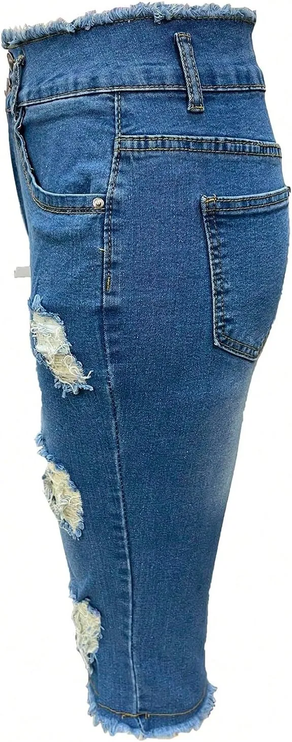 fanmpghleoo Capri Jeans for Women Stretch Frayed Hem Ripped Jeans Lightweight Denim Capris with Pockets Summer Denim Joggers