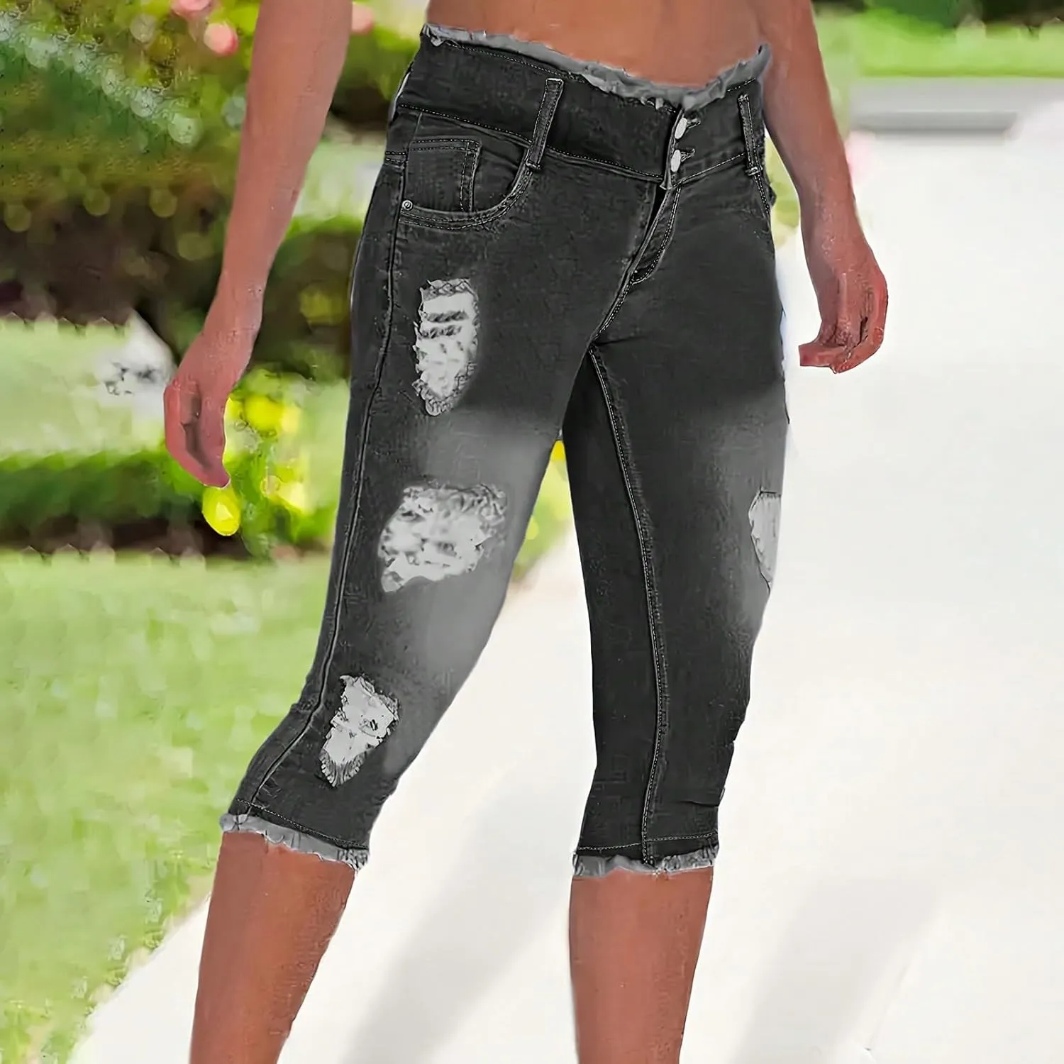 fanmpghleoo Capri Jeans for Women Stretch Frayed Hem Ripped Jeans Lightweight Denim Capris with Pockets Summer Denim Joggers