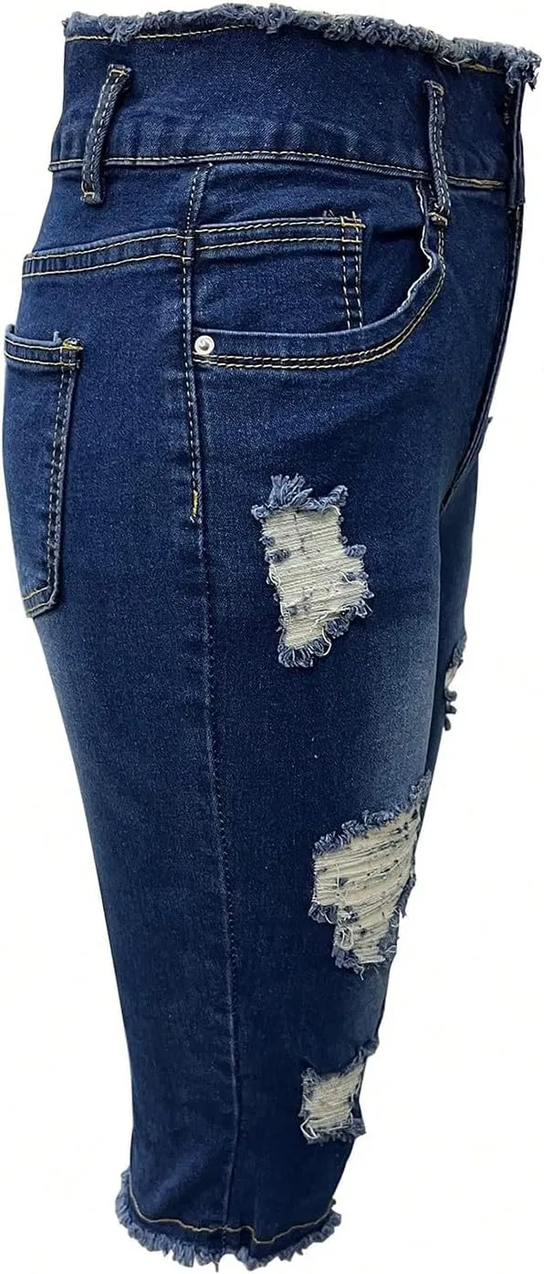 fanmpghleoo Capri Jeans for Women Stretch Frayed Hem Ripped Jeans Lightweight Denim Capris with Pockets Summer Denim Joggers