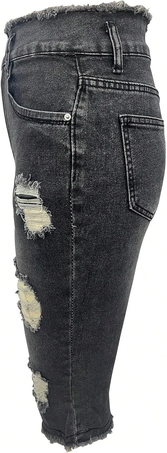 fanmpghleoo Capri Jeans for Women Stretch Frayed Hem Ripped Jeans Lightweight Denim Capris with Pockets Summer Denim Joggers