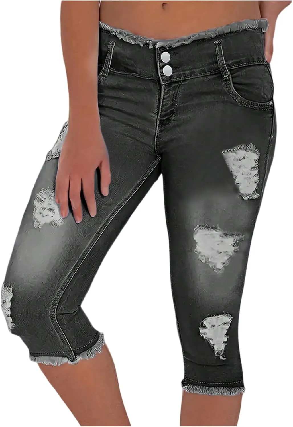 fanmpghleoo Capri Jeans for Women Stretch Frayed Hem Ripped Jeans Lightweight Denim Capris with Pockets Summer Denim Joggers