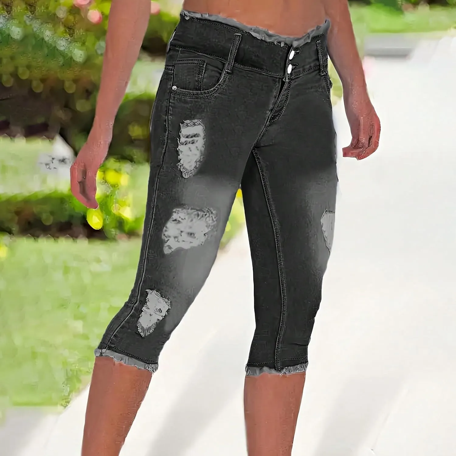 fanmpghleoo Capri Jeans for Women Stretch Frayed Hem Ripped Jeans Lightweight Denim Capris with Pockets Summer Denim Joggers