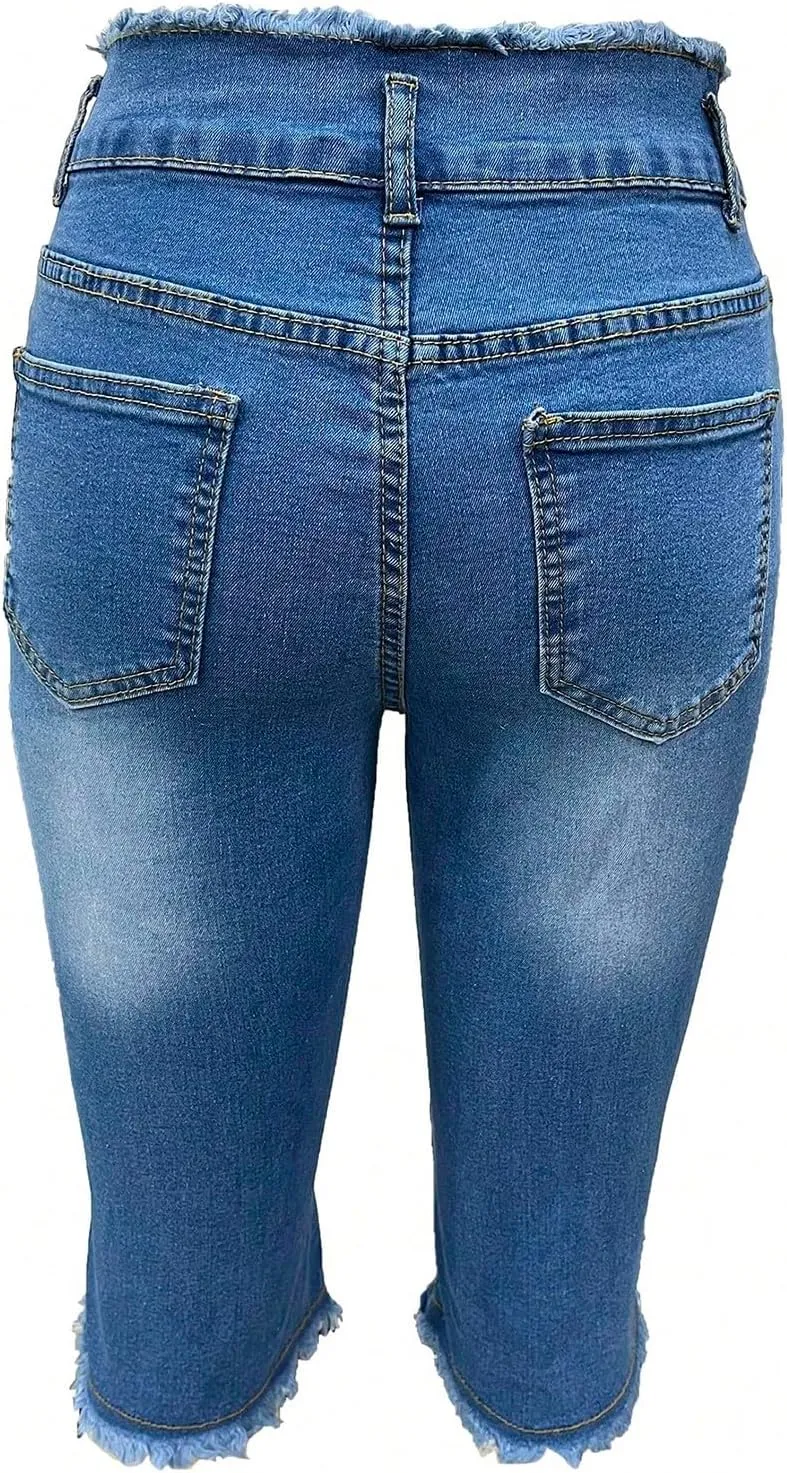 fanmpghleoo Capri Jeans for Women Stretch Frayed Hem Ripped Jeans Lightweight Denim Capris with Pockets Summer Denim Joggers