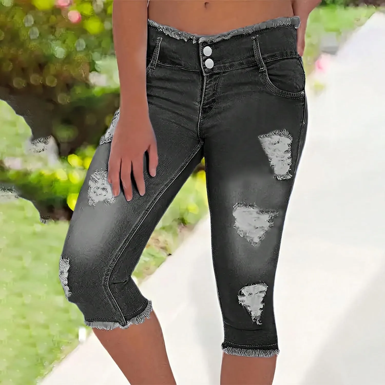 fanmpghleoo Capri Jeans for Women Stretch Frayed Hem Ripped Jeans Lightweight Denim Capris with Pockets Summer Denim Joggers