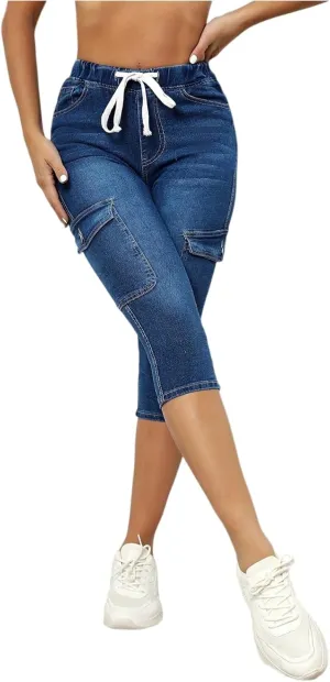 fanmpghleoo Capri Jeans for Women Stretch Frayed Hem Ripped Jeans Lightweight Denim Capris with Pockets Summer Denim Joggers