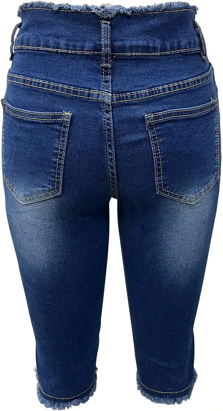 fanmpghleoo Capri Jeans for Women Stretch Frayed Hem Ripped Jeans Lightweight Denim Capris with Pockets Summer Denim Joggers