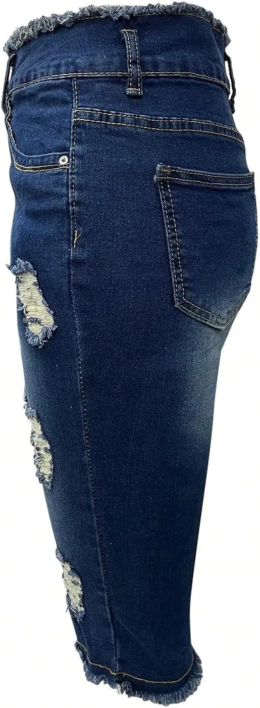 fanmpghleoo Capri Jeans for Women Stretch Frayed Hem Ripped Jeans Lightweight Denim Capris with Pockets Summer Denim Joggers