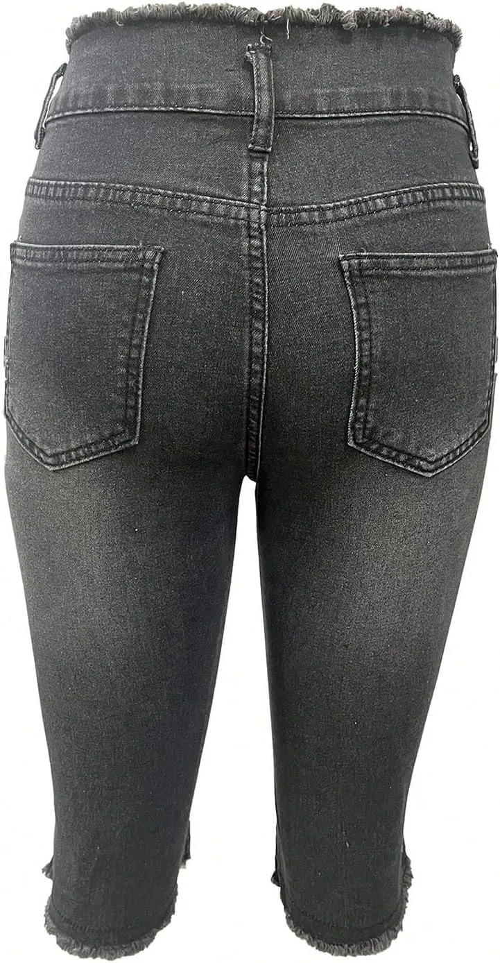fanmpghleoo Capri Jeans for Women Stretch Frayed Hem Ripped Jeans Lightweight Denim Capris with Pockets Summer Denim Joggers