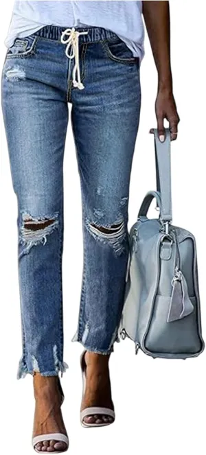 fanmpghleoo Ripped Jeans Womens Drawstring Elastic Waist Skinny Jeans Stretch Cropped Denim Joggers Frayed Hem Curvy Jeggings
