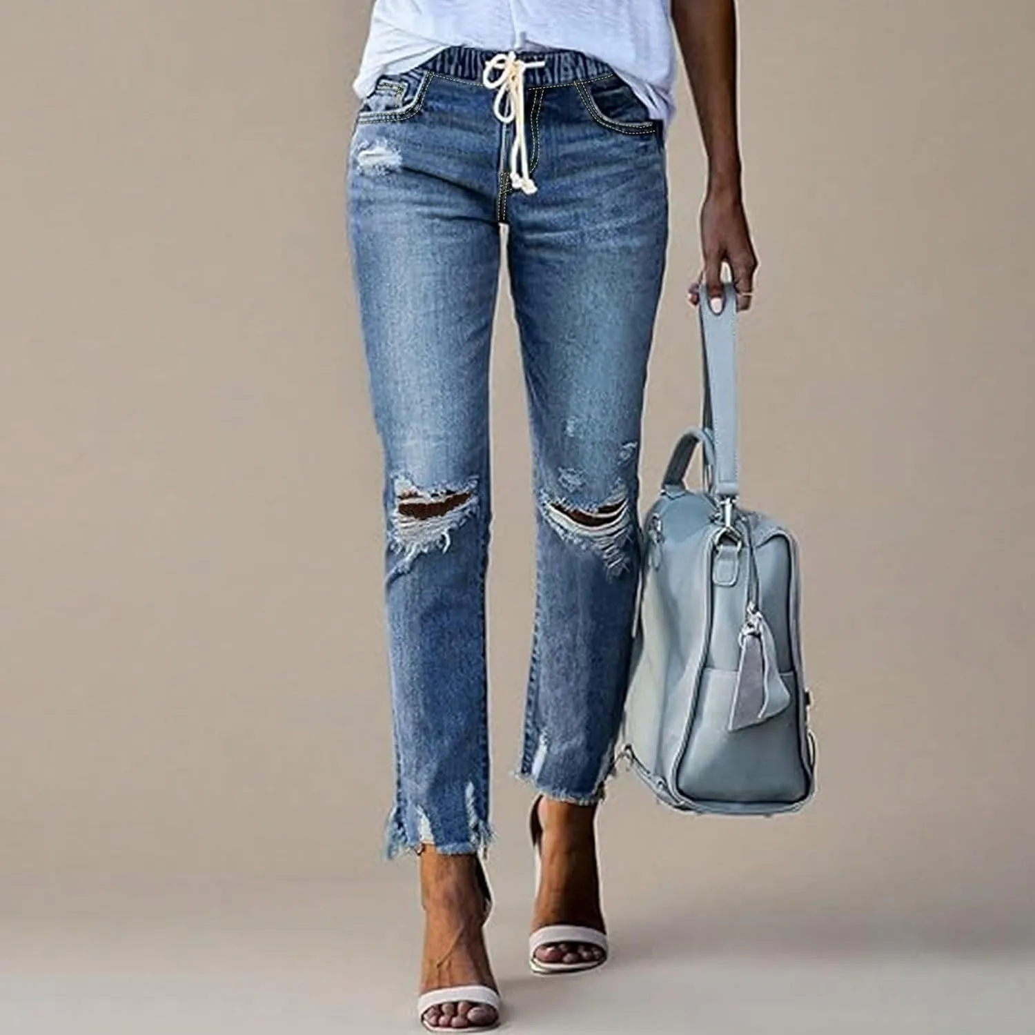 fanmpghleoo Ripped Jeans Womens Drawstring Elastic Waist Skinny Jeans Stretch Cropped Denim Joggers Frayed Hem Curvy Jeggings