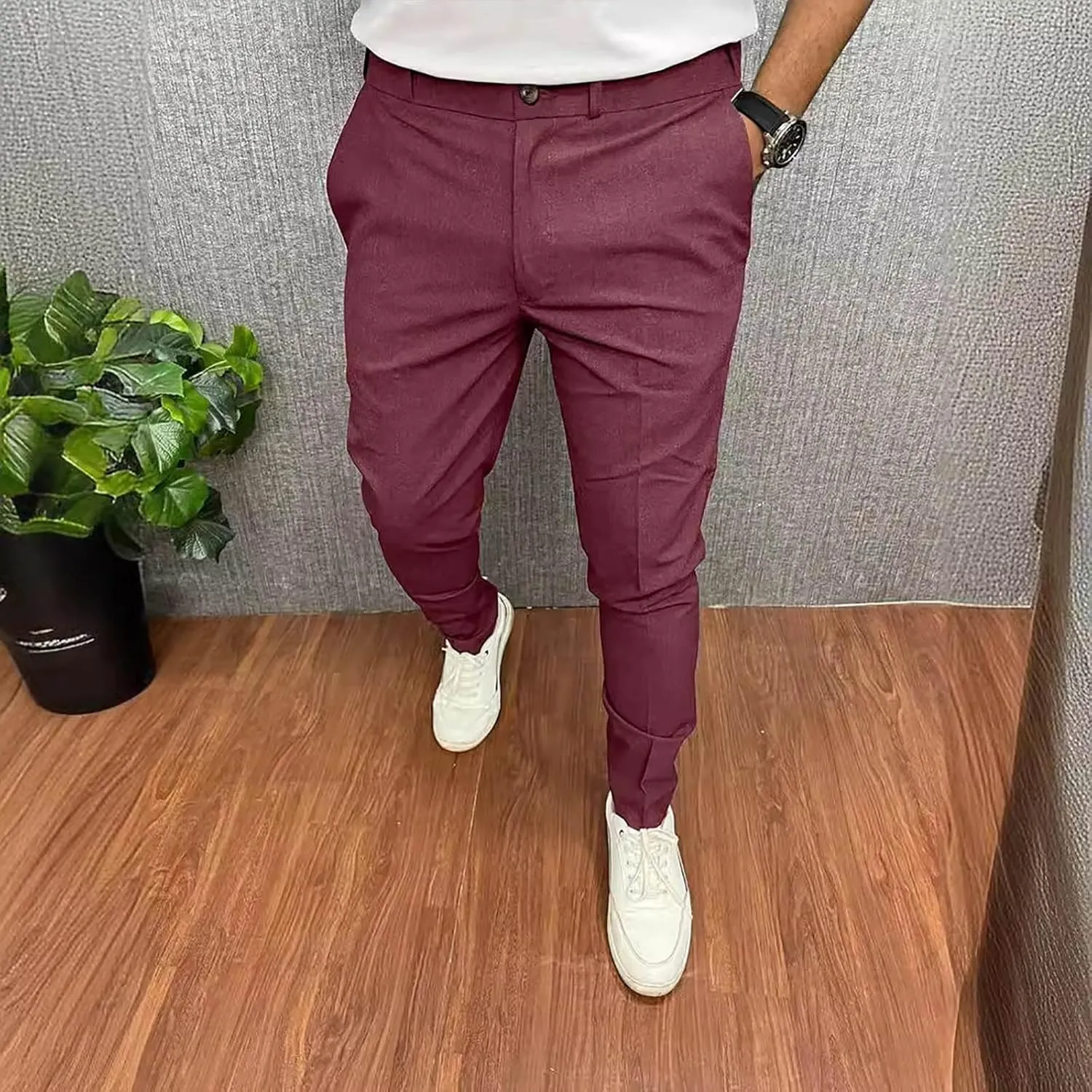 Fashion Stretch Dress Mens Casual Pants Slim Fit Skinny Business Suit Pants Straight Leg Lightweight Golf Trousers