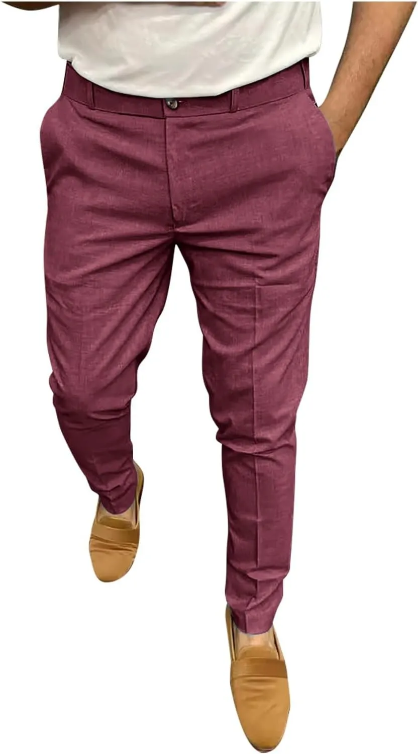 Fashion Stretch Dress Mens Casual Pants Slim Fit Skinny Business Suit Pants Straight Leg Lightweight Golf Trousers