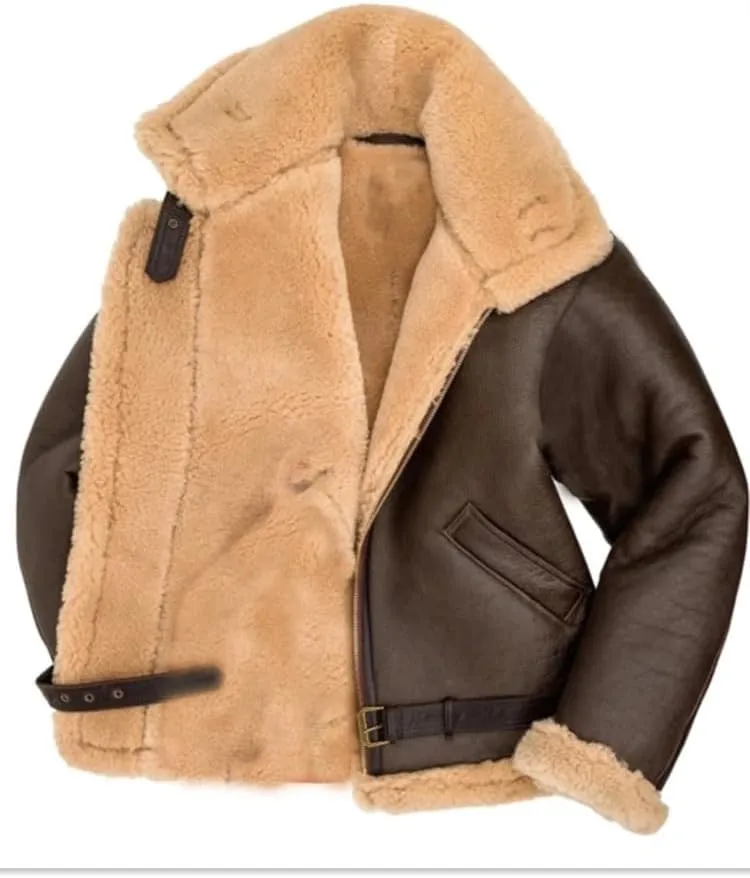 Faux Leather Shearling Jacket Men Fleece Sherpa Lined Winter Coat Heavyweight Button Up Motorbike Bomber Jacket Pocket
