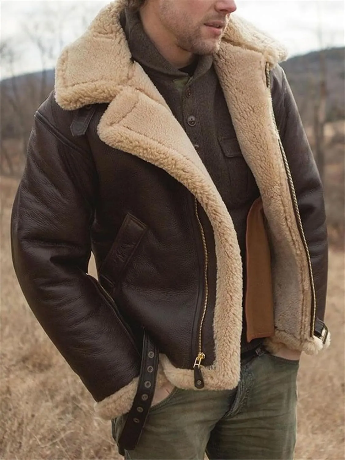 Faux Leather Shearling Jacket Men Fleece Sherpa Lined Winter Coat Heavyweight Button Up Motorbike Bomber Jacket Pocket