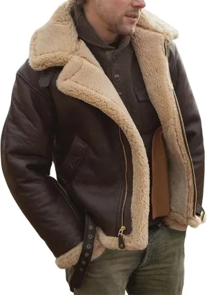 Faux Leather Shearling Jacket Men Fleece Sherpa Lined Winter Coat Heavyweight Button Up Motorbike Bomber Jacket Pocket