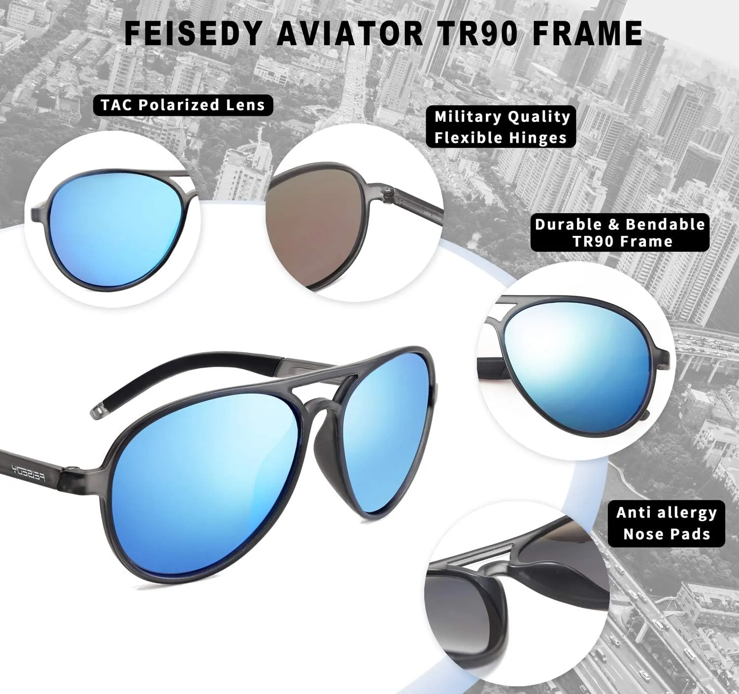 FEISEDY Polarized Pilot Sunglasses Men TR90 Flexible Frame TAC Lenses 70S Classic B2608