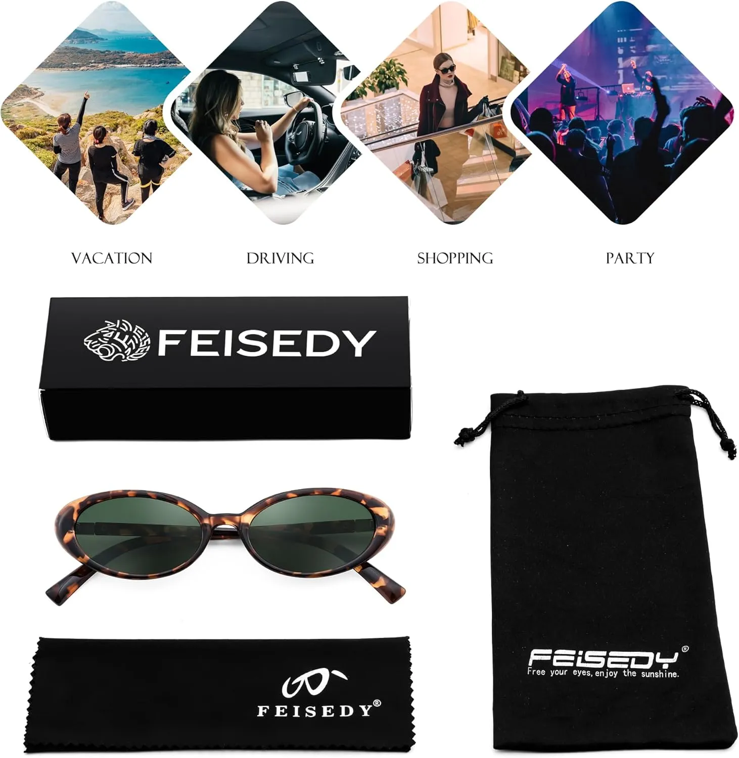 FEISEDY Retro Oval Cateye Sunglasses for Women Men Fashion Small 90s Style Vintage Shades B4180