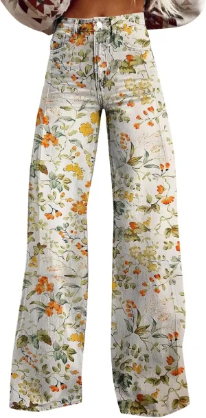 Flare Baggy Pants for Women 2025 Summer Wide Leg Floral Print Straight Vintage Jeans Dark Wash 90s Y2K Streetwear