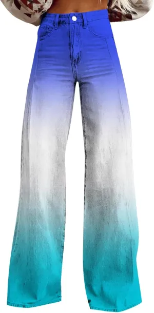 Flare Baggy Pants for Women 2025 Summer Wide Leg Floral Print Straight Vintage Jeans Dark Wash 90s Y2K Streetwear