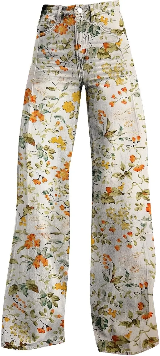 Flare Baggy Pants for Women 2025 Summer Wide Leg Floral Print Straight Vintage Jeans Dark Wash 90s Y2K Streetwear