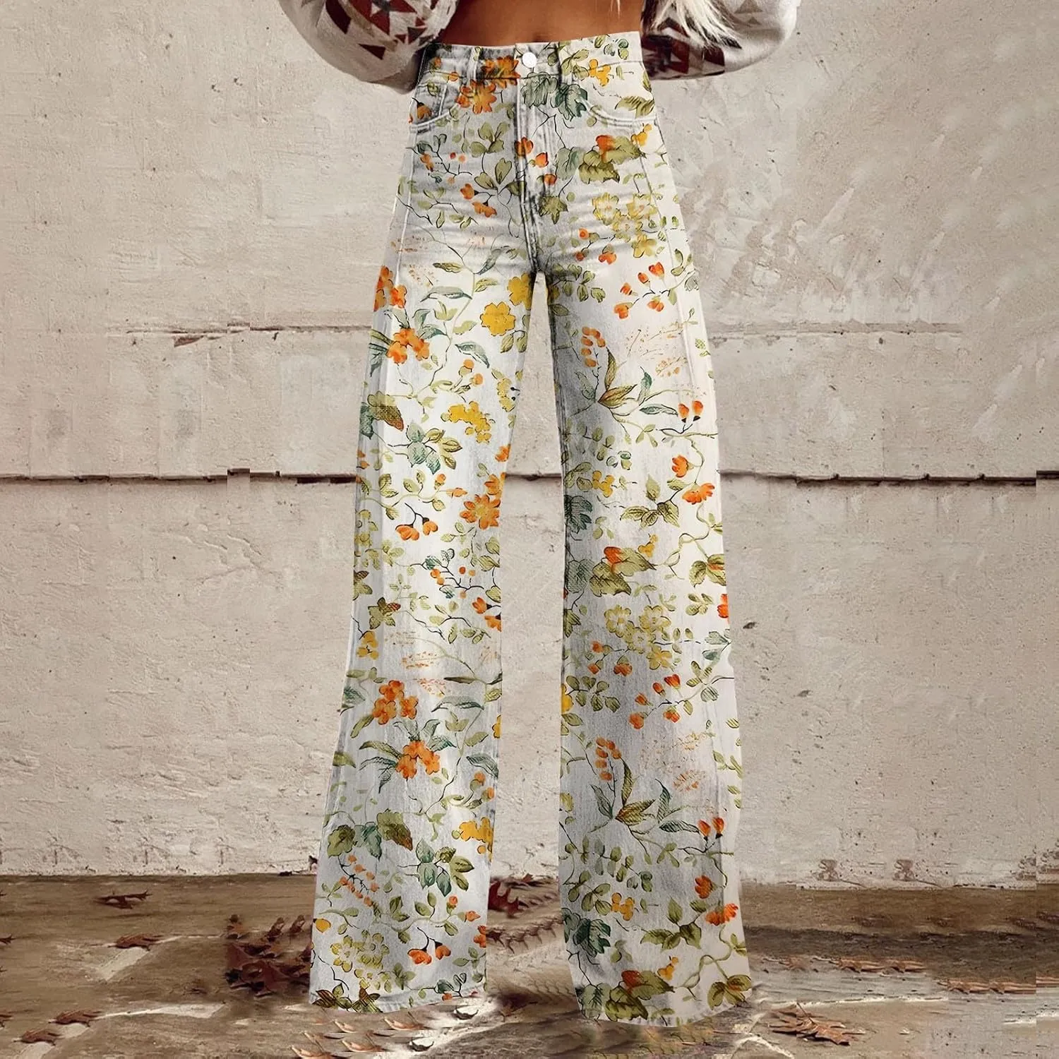 Flare Baggy Pants for Women 2025 Summer Wide Leg Floral Print Straight Vintage Jeans Dark Wash 90s Y2K Streetwear