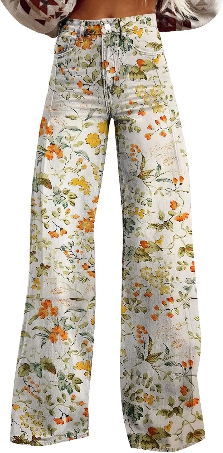 Flare Baggy Pants for Women 2025 Summer Wide Leg Floral Print Straight Vintage Jeans Dark Wash 90s Y2K Streetwear