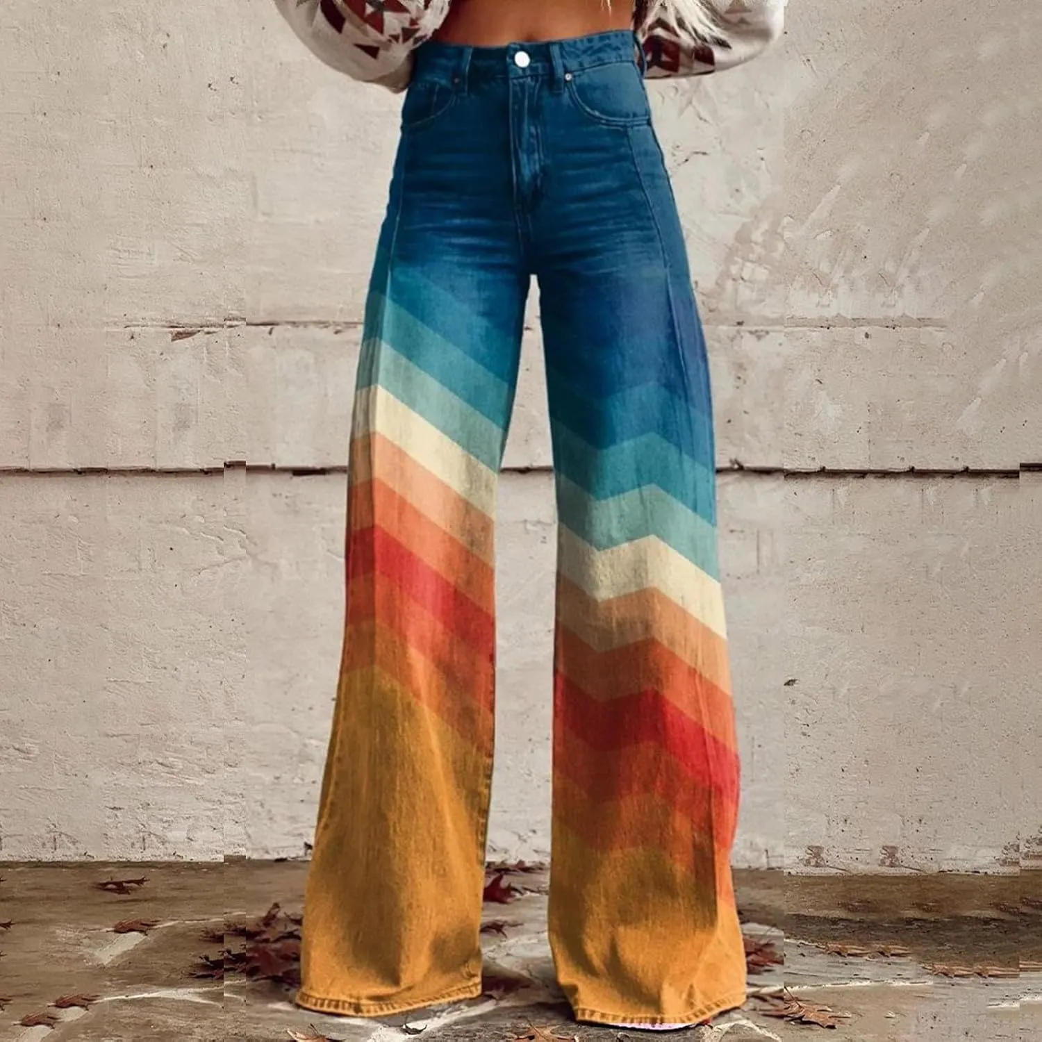 Flare Jeans for Women 2025 Fashion Wide Leg Vintage Floral Print High Waisted Straight Stretch Pants with Pockets