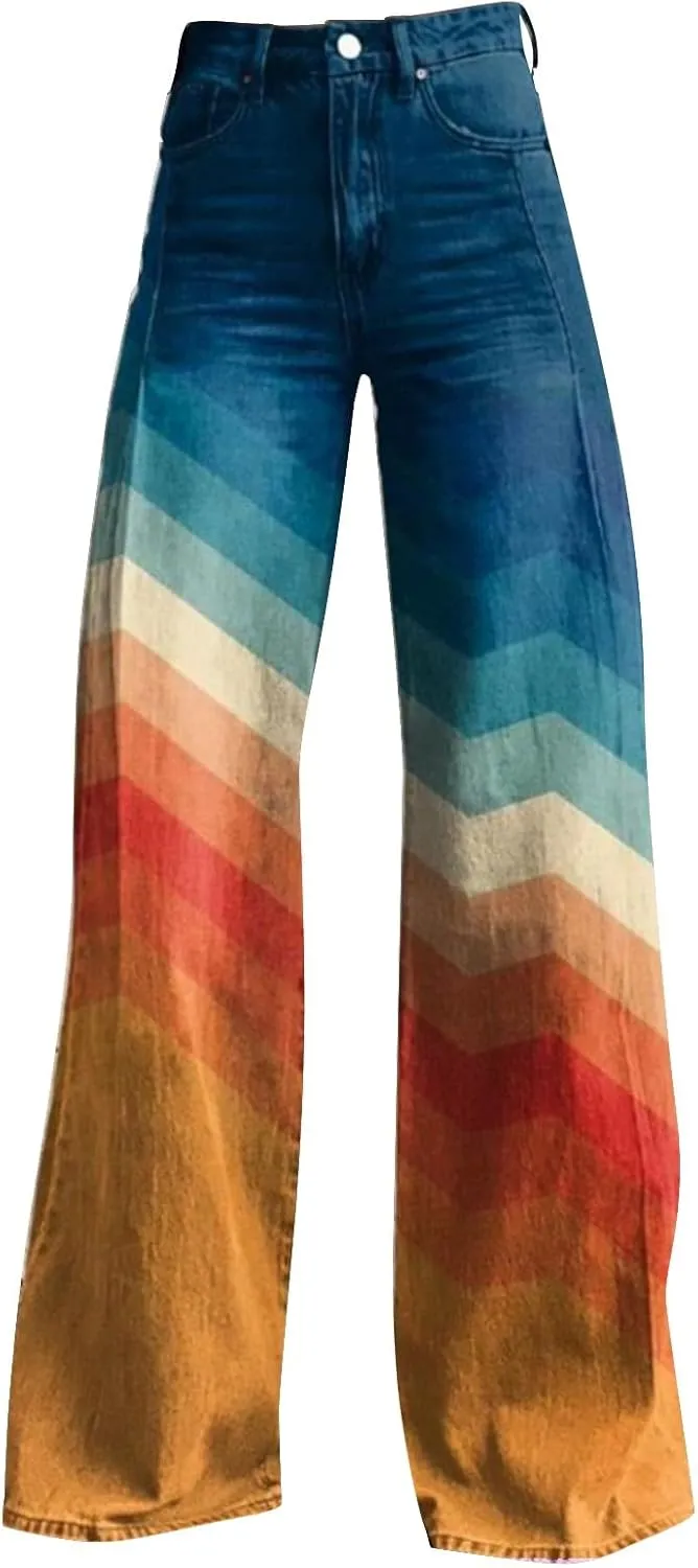 Flare Jeans for Women 2025 Fashion Wide Leg Vintage Floral Print High Waisted Straight Stretch Pants with Pockets
