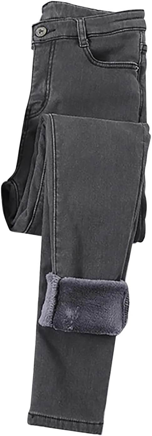 Fleece Lined Jeans Women High Rise Thicken Stretch Skinny Denim Pants Thermal Flannel Winter Jeans Jeggings 2024