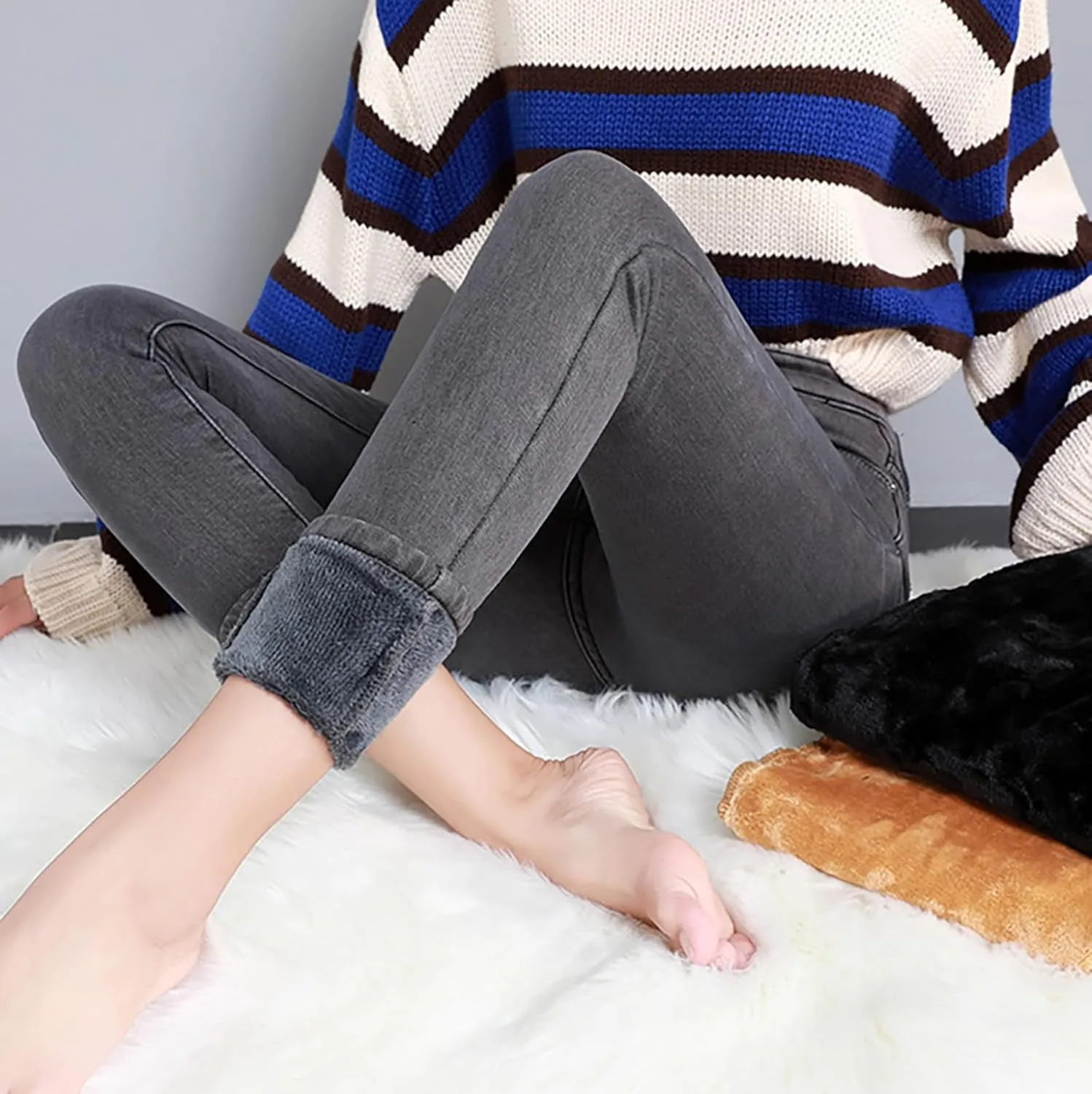 Fleece Lined Jeans Women High Rise Thicken Stretch Skinny Denim Pants Thermal Flannel Winter Jeans Jeggings 2024