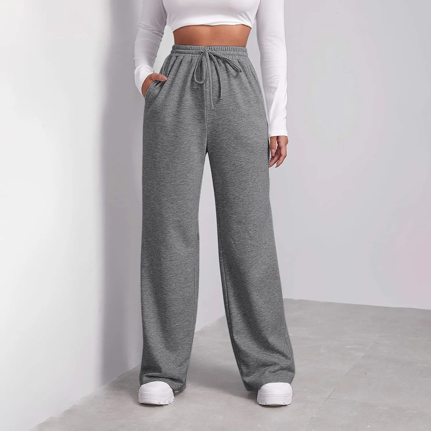 Fleece Lined Sweatpants Women Tall with Pocket Solid Color Trousers Stretchy Flowy Pants for Women High Rise Pants