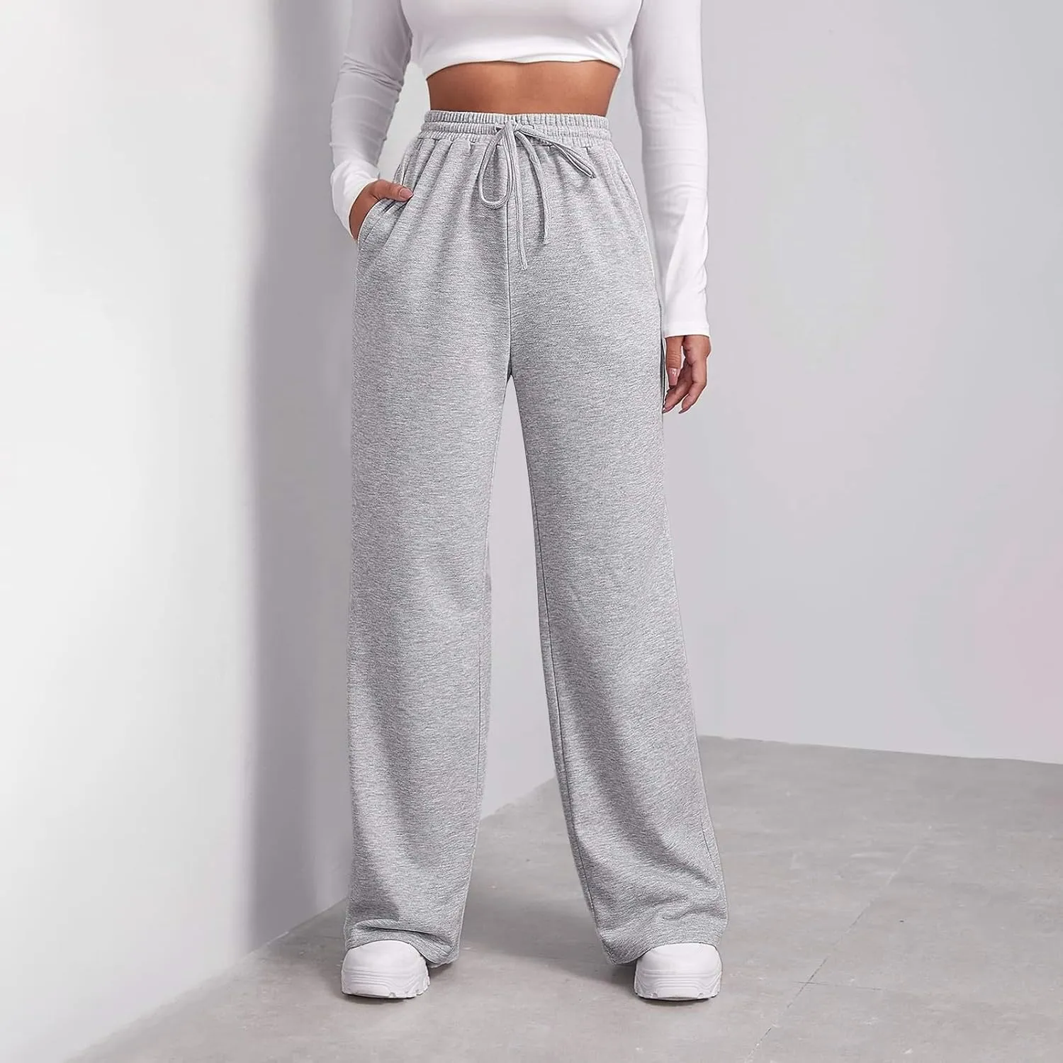 Fleece Lined Sweatpants Women Tall with Pocket Solid Color Trousers Stretchy Flowy Pants for Women High Rise Pants