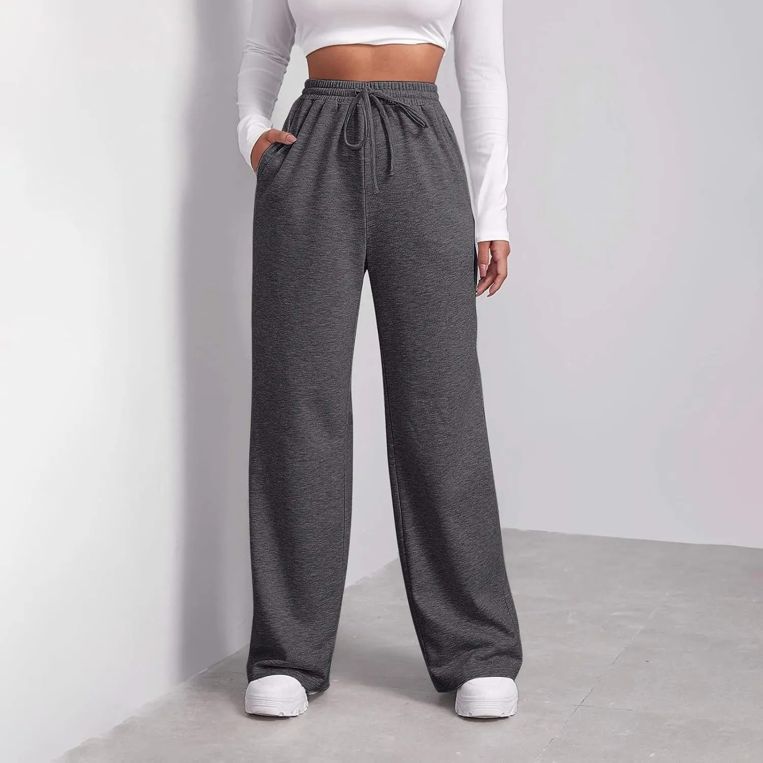 Fleece Lined Sweatpants Women Tall with Pocket Solid Color Trousers Stretchy Flowy Pants for Women High Rise Pants