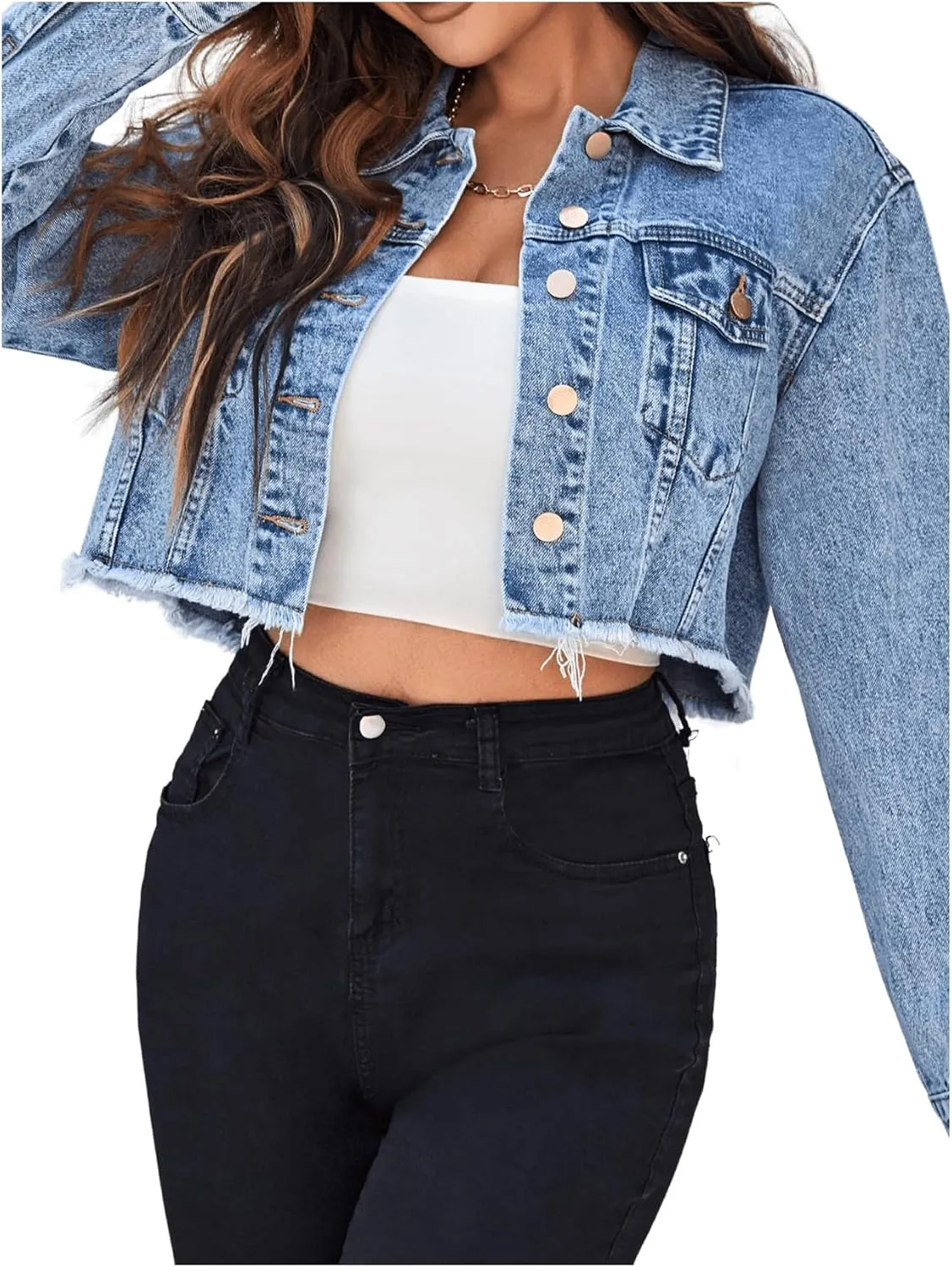 Floerns Women's Raw Hem Long Sleeve Button Down Pocket Cropped Denim Jean Jacket