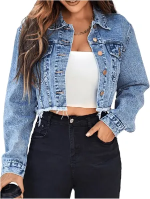 Floerns Women's Raw Hem Long Sleeve Button Down Pocket Cropped Denim Jean Jacket