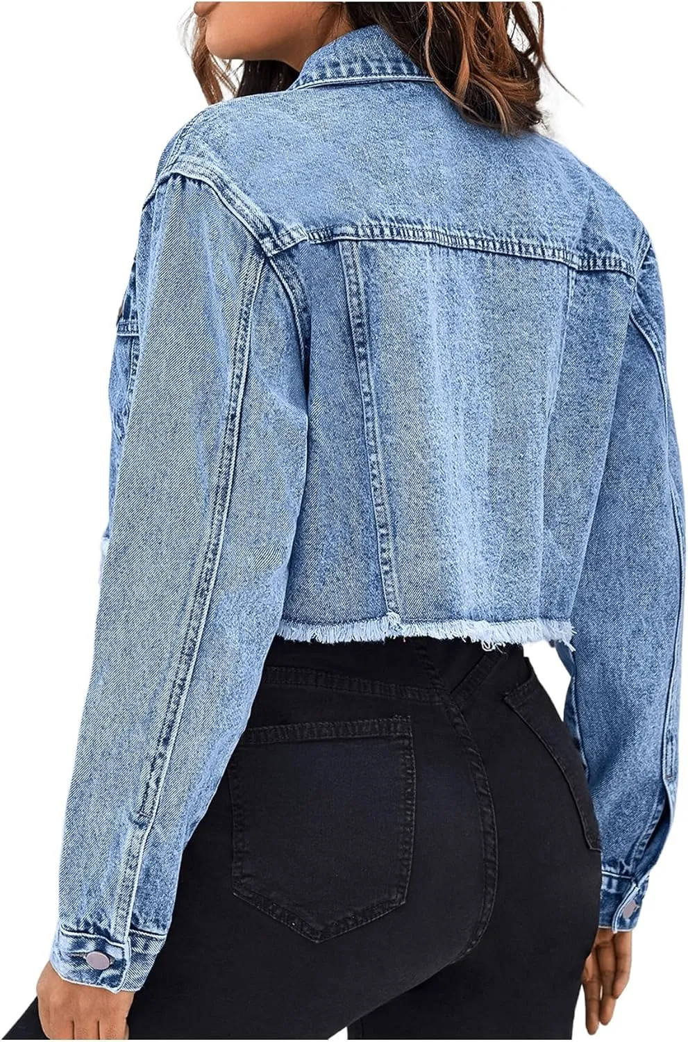 Floerns Women's Raw Hem Long Sleeve Button Down Pocket Cropped Denim Jean Jacket