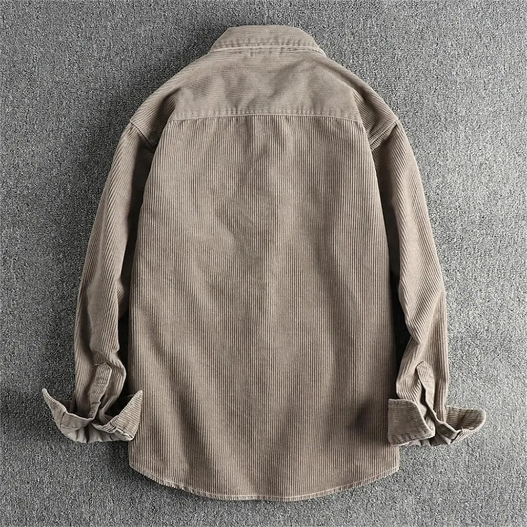 Fnfmrfmr Men's Cotton Corduroy Wash Long Sleeve Shirt Solid V-Neck Single Pocket Shirt Coat