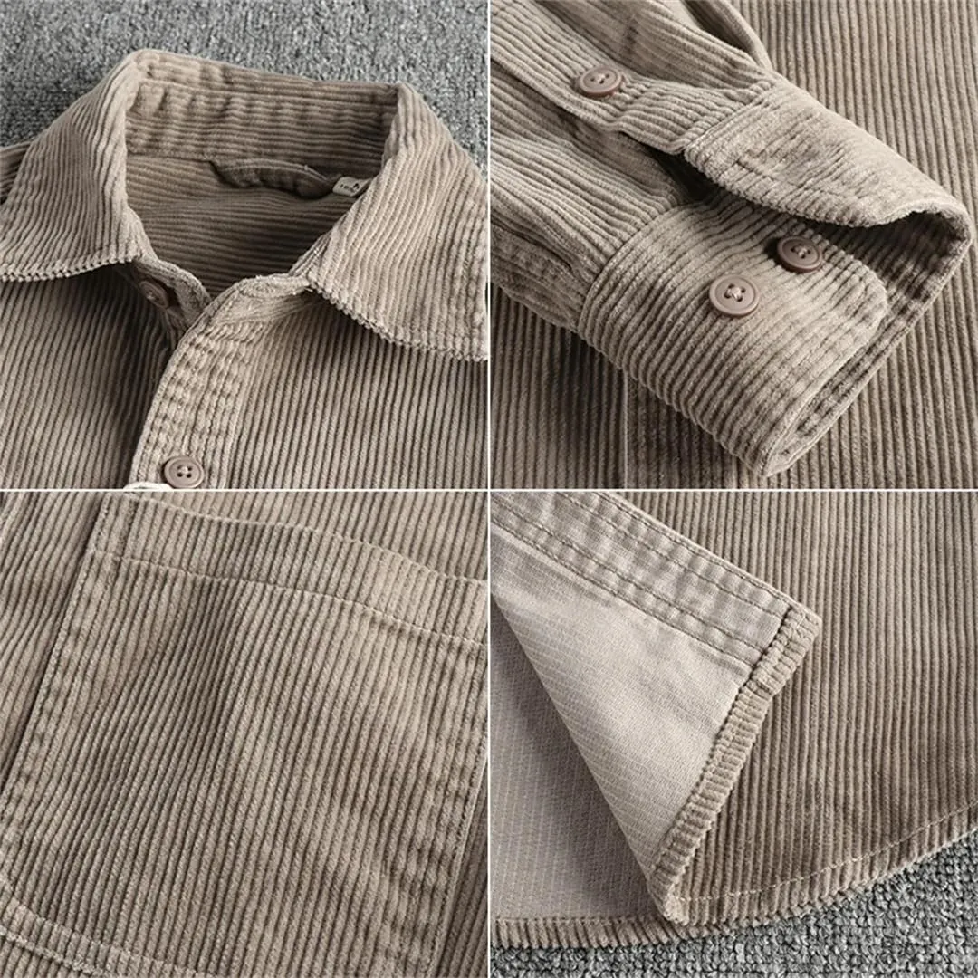 Fnfmrfmr Men's Cotton Corduroy Wash Long Sleeve Shirt Solid V-Neck Single Pocket Shirt Coat