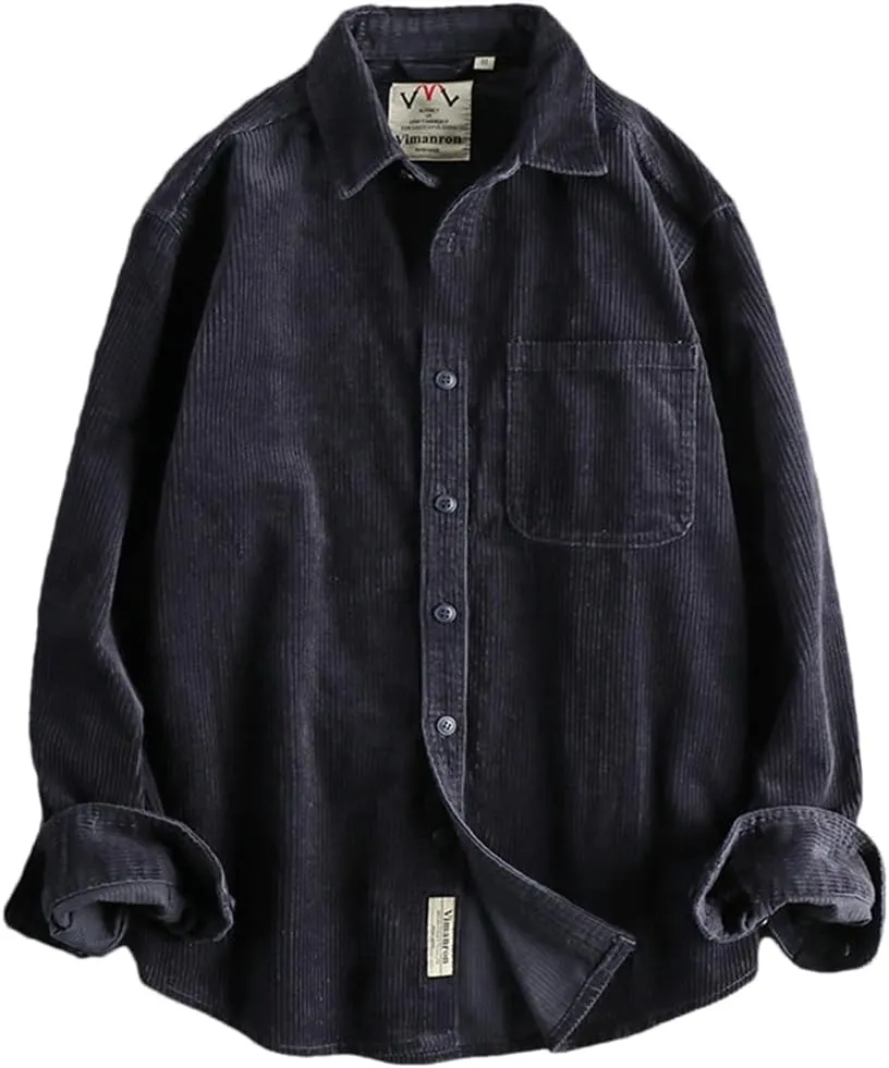 Fnfmrfmr Men's Cotton Corduroy Wash Long Sleeve Shirt Solid V-Neck Single Pocket Shirt Coat