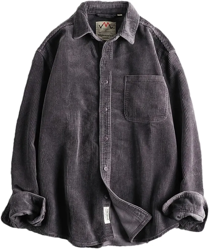 Fnfmrfmr Men's Cotton Corduroy Wash Long Sleeve Shirt Solid V-Neck Single Pocket Shirt Coat