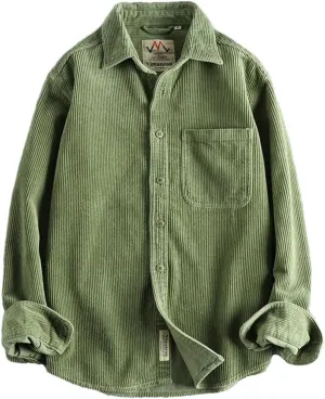 Fnfmrfmr Men's Cotton Corduroy Wash Long Sleeve Shirt Solid V-Neck Single Pocket Shirt Coat