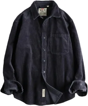 Fnfmrfmr Men's Cotton Corduroy Wash Long Sleeve Shirt Solid V-Neck Single Pocket Shirt Coat