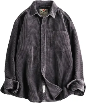Fnfmrfmr Men's Cotton Corduroy Wash Long Sleeve Shirt Solid V-Neck Single Pocket Shirt Coat