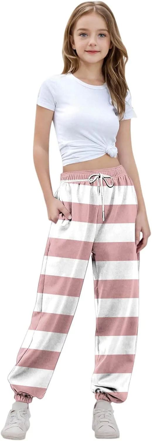 Girls Baggy Colorblock Sweatpants Comfy Elastic Waist Drawstring Kids Casual Joggers Pants with Pockets Size 3-14 Years