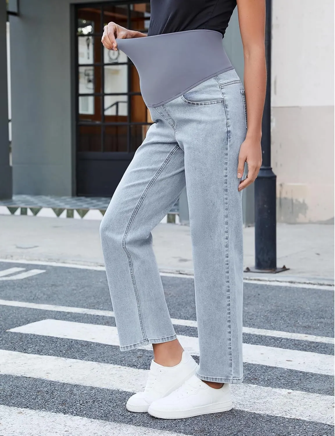 GRAPENT Maternity Jeans for Women Over Belly Comfy Pull On Straight Leg Casual Stretchy Denim Mom Jeans Pregnancy Pants