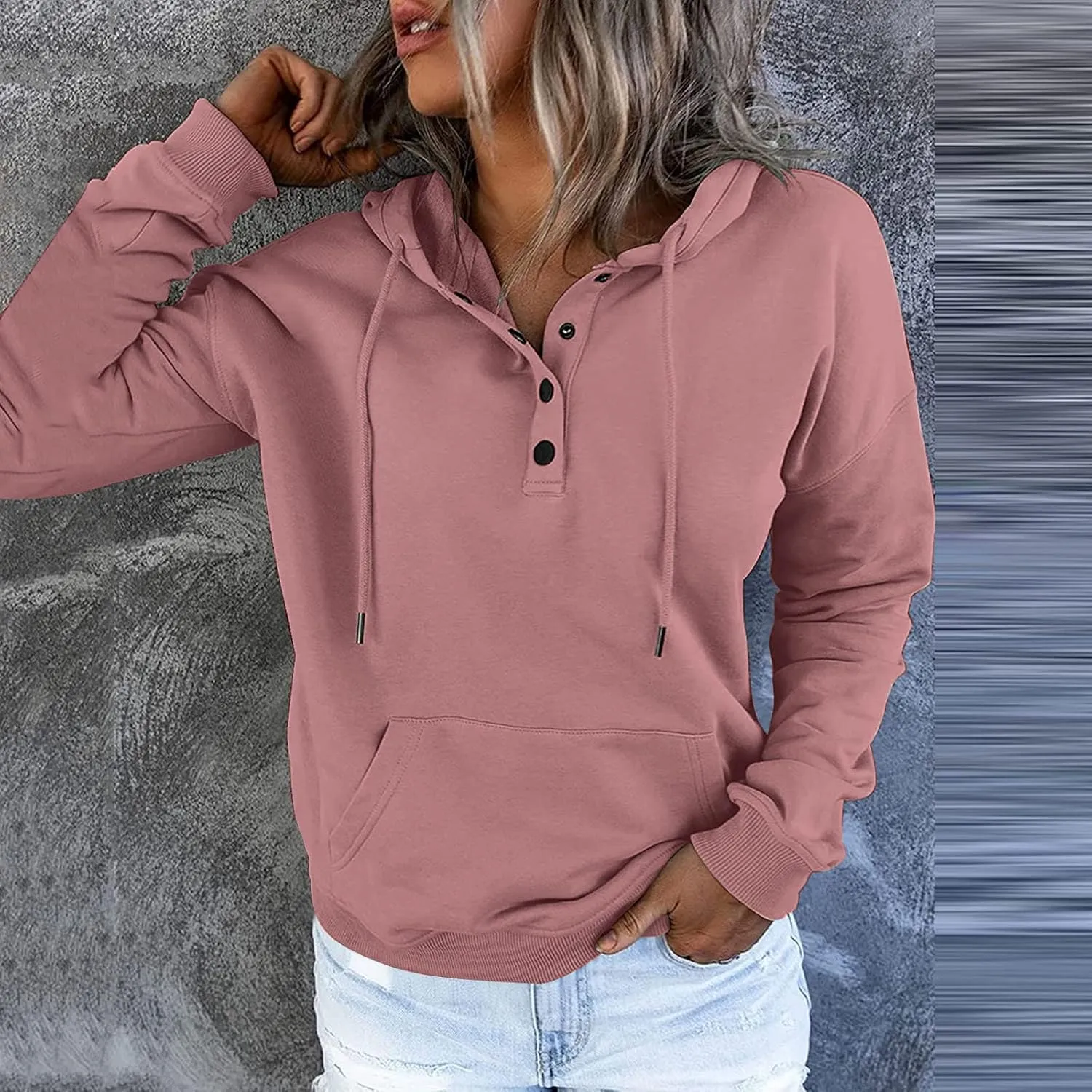 Half Button Pullover Hoodies for Women,Plus Size Soild Fleece Long Sleeve Kangaroo Pocket Winter Sweatshirt Tops