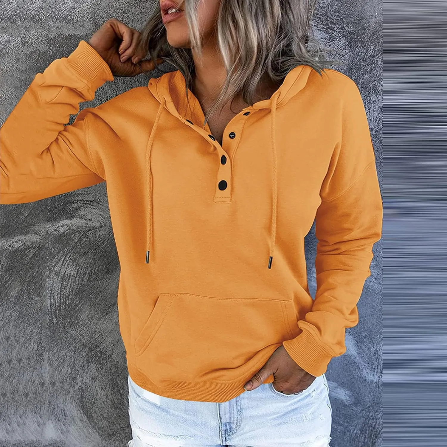 Half Button Pullover Hoodies for Women,Plus Size Soild Fleece Long Sleeve Kangaroo Pocket Winter Sweatshirt Tops