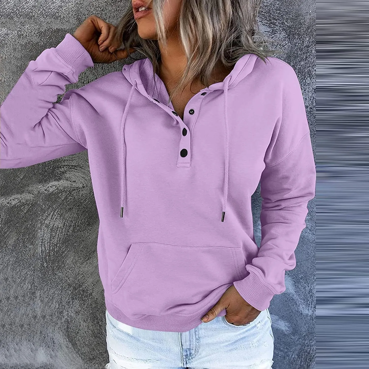 Half Button Pullover Hoodies for Women,Plus Size Soild Fleece Long Sleeve Kangaroo Pocket Winter Sweatshirt Tops