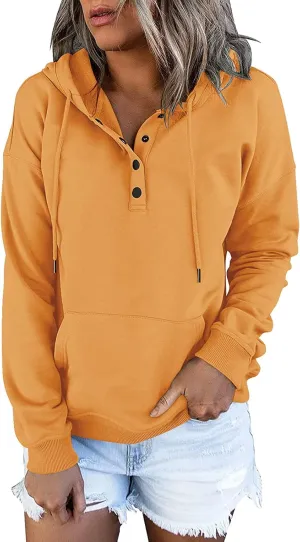 Half Button Pullover Hoodies for Women,Plus Size Soild Fleece Long Sleeve Kangaroo Pocket Winter Sweatshirt Tops